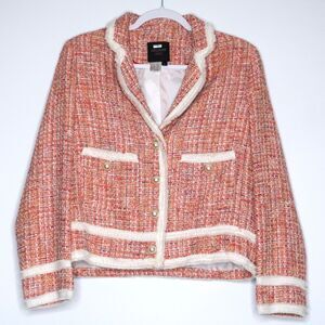 Helene London Womens Tweed Jacket Size Large Pink Blazer Pearl Office Career 60s